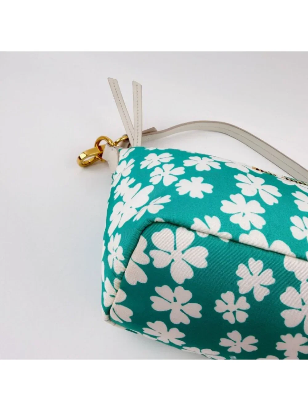 Miu Miu Spirit Floral Re-Nylon Handbag Pouch Nylon Leather Green White Gold